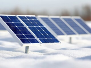Solar panels are installed on a snowy surface, showcasing renewable energy technology in a winter landscape.