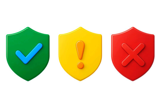 Three colorful shields representing security and status green with checkmark yellow with exclamation mark and red with cross isolated on transparent background