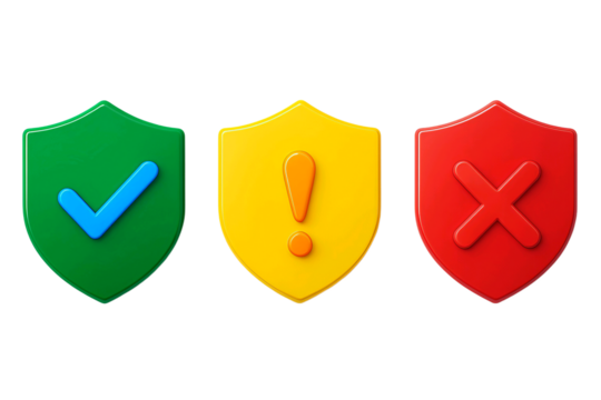 Three colorful shields representing security and status green with checkmark yellow with exclamation mark and red with cross isolated on transparent background