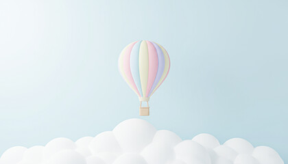 Fototapeta premium A whimsical pastel hot air balloon floats serenely above fluffy clouds against a soft blue background, evoking a sense of tranquility and adventure.
