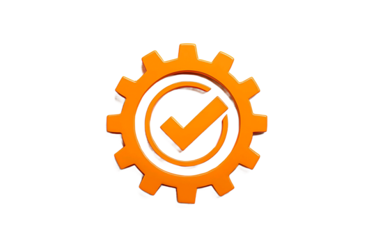 Orange gear with a checkmark inside symbolizing success and completion of a task or project isolated on transparent background - Powered by Adobe