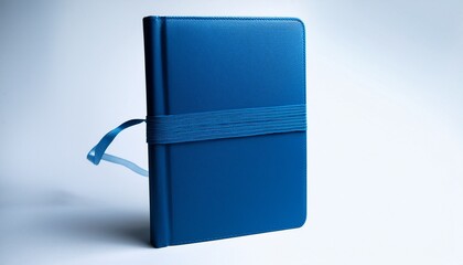 a closed blue notebook with an elastic band is standing upright