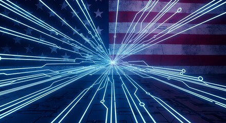 Digital American Flag Background with Glowing Blue Light Trails and Circuit Board Elements.