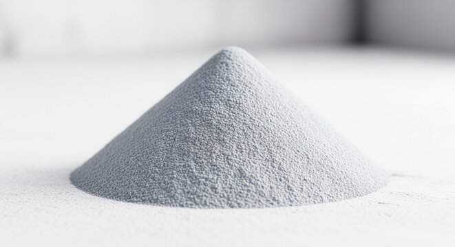 A close-up of a conical pile of gray industrial powder. Raw material for 3D printing and additive manufacturing. Materials science and technology concept on a white background
