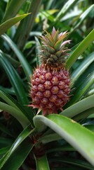 Fototapeta premium Young, reddish pineapple emerging from spiky, green foliage. Close-up view