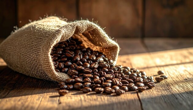 Burlap sack overflowing with dark roasted coffee beans scattered across a rustic wooden table with warm morning sunlight filtering through.