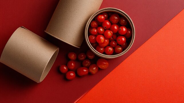 Cherry Tomatoes in Paper Tube on Red Background