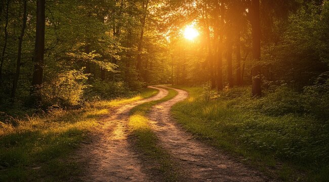 Sunlit forest path winding into distance (1)