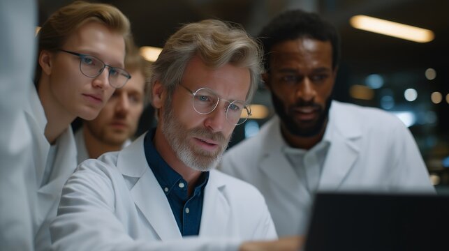 Team of data scientists and chemists collaborating in smart laboratory surrounded by digital dashboards, emotion of excitement visible, representing interdisciplinary innovation, materials AI