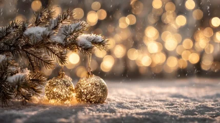 Stickers Meisjeskamer Softly Glowing Christmas Ornaments on Snowy Pine Branch Background  © Nuttaya Nampai