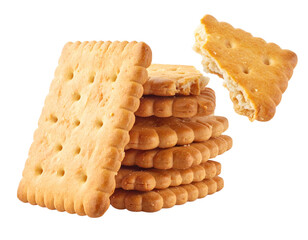 Stack of Broken Biscuit Crackers with One Piece Tilted, Realistic 3D Depth, Isolated on Transparent Background