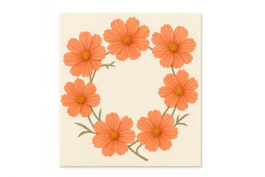Cosmos flower wreath creating a natural frame, circular decorative border with vibrant orange blossoms, botanical floral design artwork
