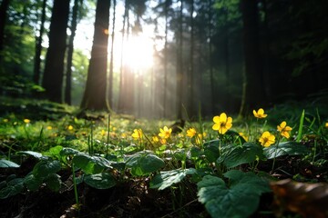 Forest clearing with bright yellow primrose flowers glowing in sunlight, surrounded by green leaves and tall trees creating peaceful natural atmosphere
