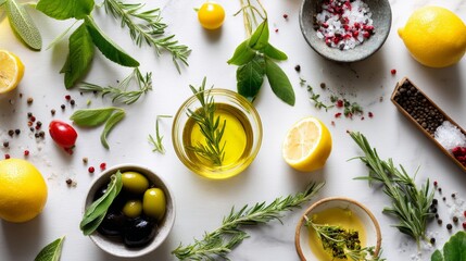 Fresh lemon, herbs, and olive oil on white background for culinary setup