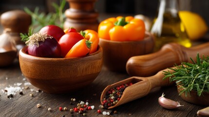 Rustic kitchen scene with fresh vegetables and wooden utensils