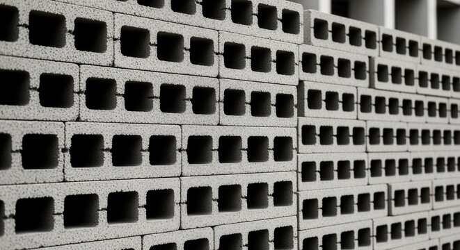 A close-up of stacked grey concrete cinder blocks. Building materials creating a geometric pattern and texture. Industrial construction background