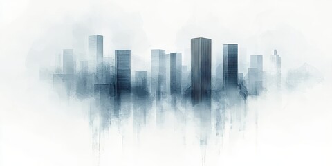Obraz premium A minimalist city skyline in soft blues and grays, shrouded in mist, depicting a modern urban landscape.