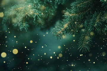 Close-up of conifer branch with sparkling bokeh lights against dark green background. Creates atmosphere of winter magic, holiday coziness and warmth