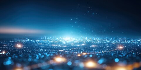 A mesmerizing urban skyline illuminated in blue tones, showcasing a futuristic cityscape filled with glowing lights and a sense of depth.