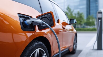 EV electric car pluged charging at a recharge station in the city
