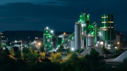 Drone scanning large eco-industrial waste facility illuminated by green lights, emotion of curiosity visible, symbolizing smart plant monitoring, AI analytics, and renewable energy generation from