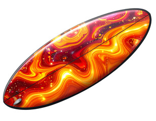  Top-Down View of Colorful Abstract Surfboard, Psychedelic Orange and Red Pattern, Isolated on Transparent Background