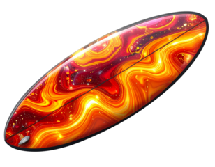  Top-Down View of Colorful Abstract Surfboard, Psychedelic Orange and Red Pattern, Isolated on Transparent Background