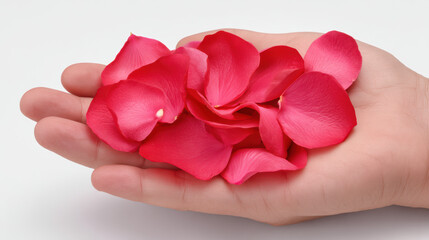 A gentle hand carefully holds a vibrant cluster of delicate pink rose petals against a clean, bright background, creating a soft and romantic composition.