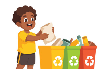 Young boy enthusiastically sorts paper into a recycling bin