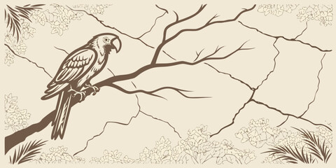 Vintage illustration of a parrot perched on a branch with decorative floral elements around it