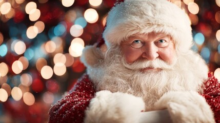 Obraz premium Cheerful Santa Claus Holding Scroll in Front of Christmas Lights