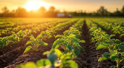 Sun-drenched field of young plants
