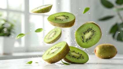 Vibrant kiwi fruit slices and refreshing water splashes captured mid-air, symbolizing freshness and healthy living in a bright, inviting kitchen setting