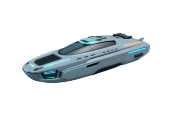 Futuristic yacht with blue lights isolated on transparent background