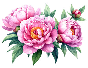 Watercolor Peony Bouquet with Multiple Pink Blossoms and Greenery, Artistic Floral Arrangement, Isolated on Transparent Background