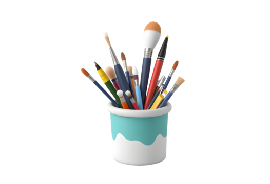 Art paint brushes in a cup isolated on transparent background - Powered by Adobe