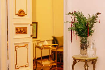 Christmas decor in the stylish rich interior of the hotel.
