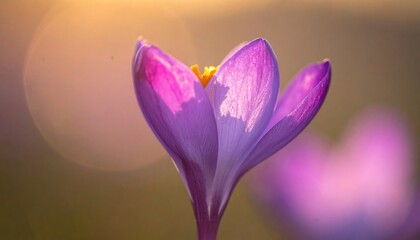 Close up of a delicate purple crocus flower with dew drops catching the golden morning sunlight highlighting its petals with a soft bokeh background and subtle lens flare effect