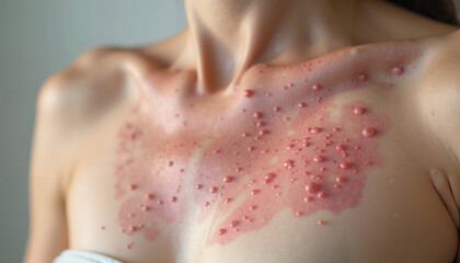 Fototapeta premium Skin condition, detailed view, red spots on chest area, medical examination concept