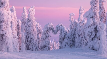 Majestic Winter Wonderland with Snow-Covered Trees at Sunrise