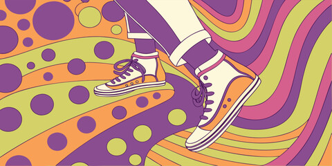 Retro sneakers on a groovy background with circles and wavy lines creating a psychedelic vibe