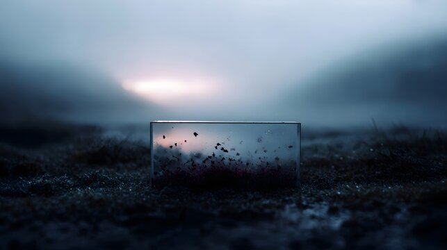 Glass container with red particles on a misty landscape during dawn