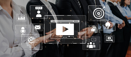 Capturing the essence of collaboration in a business setting, this image showcases teamwork infused with digital technology icons symbolizing innovation and effective communication. Trope