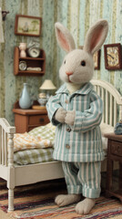 Cute bunny doll in striped pajamas standing in cozy vintage bedroom
