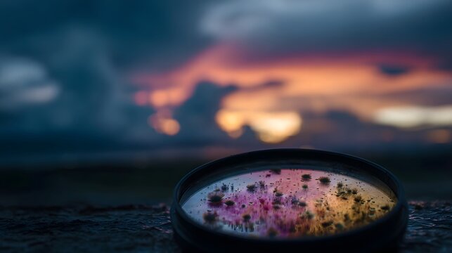 Vibrant sunset colors reflected in water droplets on a dark surface against a dramatic cloudy sky at dusk