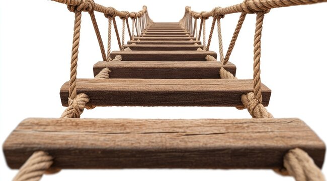 Fototapeta Wooden rope bridge, steps leading upwards
