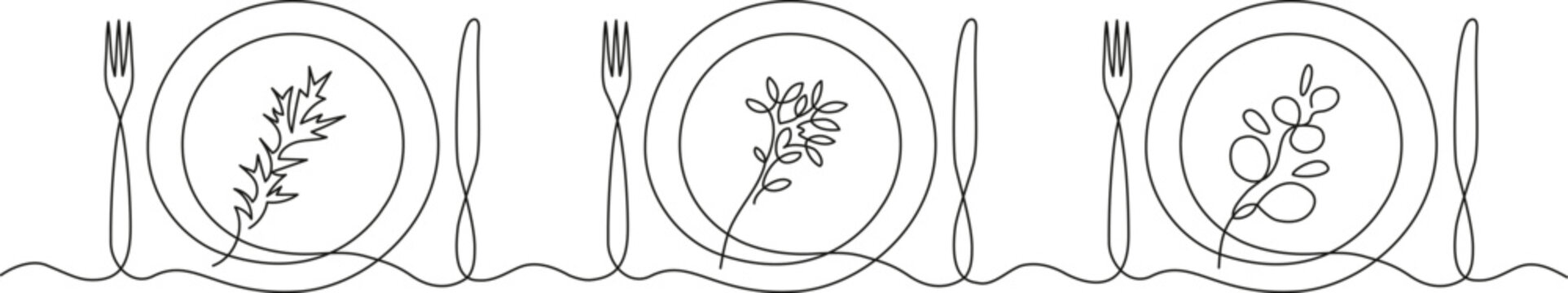 Continuous one line drawing of table setting with botanical elements inside the plate. Minimalist dining illustration with herbs and leaves.