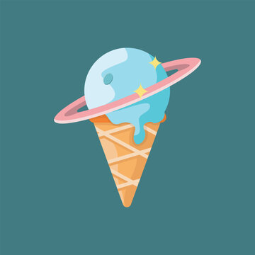 Ringed planet ice cream vector illustration. Planet scoop with pink ring on a waffle cone, cute concept for kids, party, and food art.
