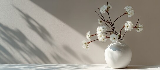 White floral arrangement in a simple white vase, casting shadows on a beige wall