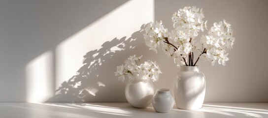 White flowers in ceramic vases, with shadows cast on a plain wall